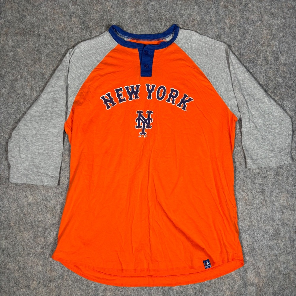 Majestic New York Mets Henley Shirt Mens Orange Grey 3/4 Sleeve Raglan Baseball
